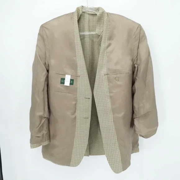 Lauren Ralph Lauren Sport Coat Mens 40R Tan Houndstooth Blazer Silk Business